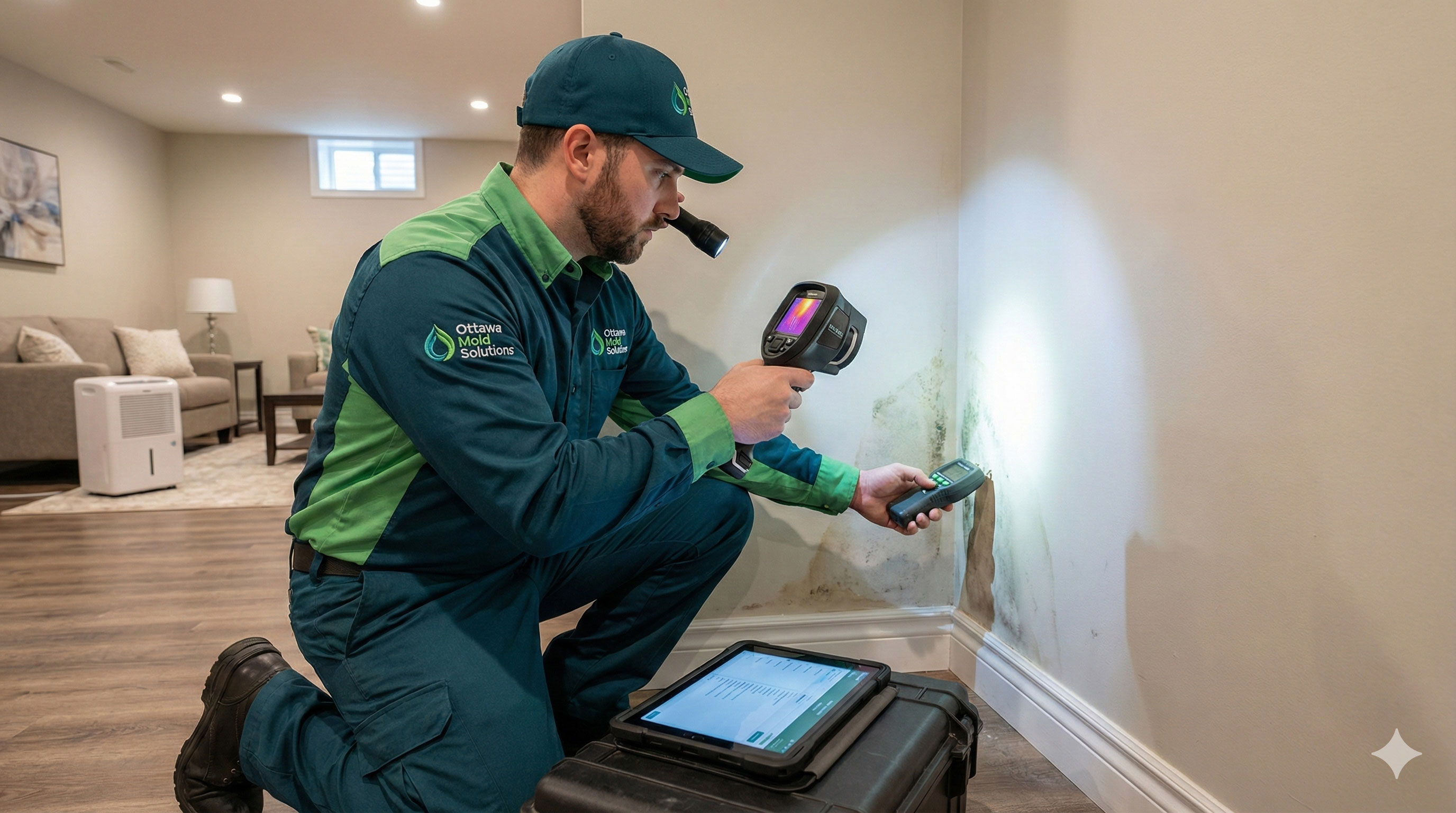 Technicien effectuant une inspection de moisissures dans une maison d'Ottawa